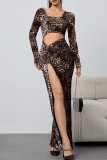 Leopard Long Sleeves Split Dress