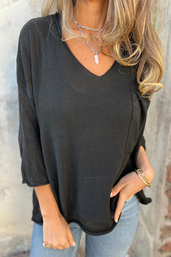 V Neck Pocket Knitting Top