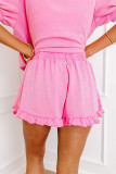 Pink Half Zip Puff Sleeve Top and Ruffled Shorts Set
