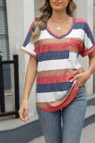 V Neck Colorblock Short Sleeves Top with Pocket