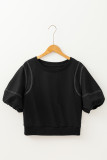Black Contrast Stitches Detail Puffy Half Sleeve Blouse