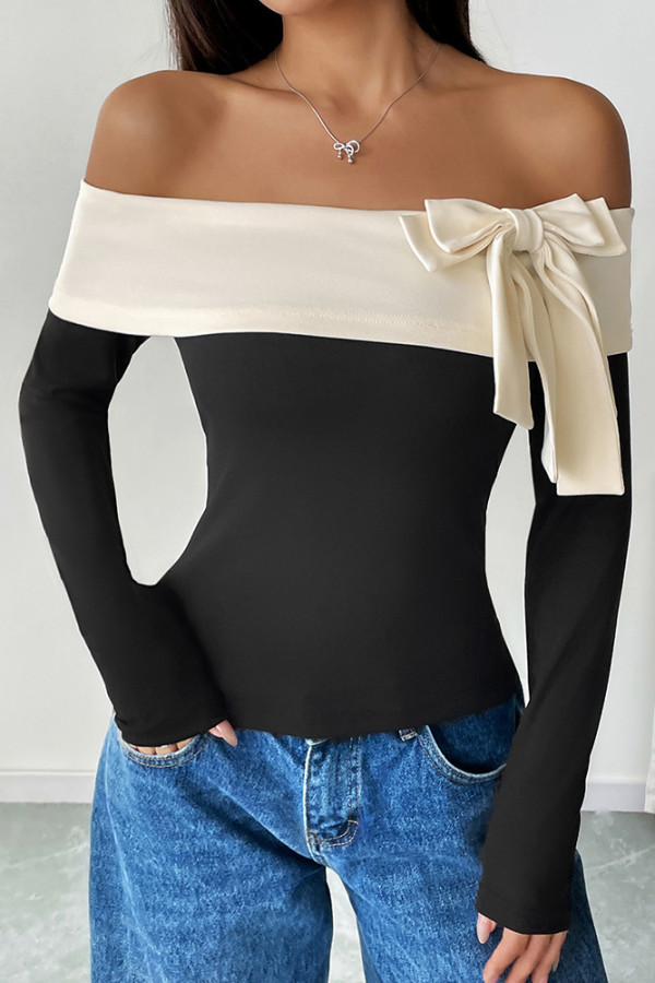 Off SHoulder Colorblock Long Sleeves Top