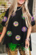 Black Sequined Mardi Gras Side Slits Oversized Graphic Tee