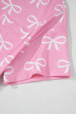 Pink Waffle Knit Bowknot Printed V Neck T Shirt and Shorts Set