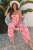 Pink Floral Print Twisted Bandeau Keyhole Pleated Wide Leg Jumpsuit