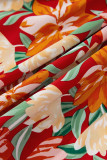 Orange Floral V Neck Flutter Sleeve Cinched Waist Long Plus Size Dress