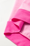 Bright Pink Colorblock Patchwork Short Sleeve Buttons Plus Size Henley Top