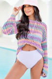 Purple Multi Stripe Open Knit Sweater Beach Cover Up