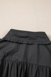 Black Shirt Style Button Down Puff Sleeve Ruffle Hem Dress