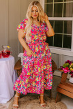 Pink Floral Print V Neck Pocketed High Waist Plus Size Midi Dress