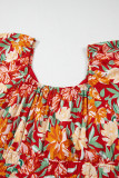 Orange Floral V Neck Flutter Sleeve Cinched Waist Long Plus Size Dress