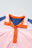 Gossamer Pink Color Block Half Buttoned Ruffled Short Sleeve T Shirt