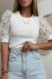 White Lace Floral Patchwork Ribbed Knit Half Sleeve T Shirt