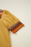Mustard Geometric Short Puff Sleeve Frilled Collar Blouse