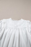 White Embroidered Lace Patchwork Tie Neck Puff Short Sleeve Blouse