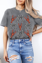 Gray Checkered Bow Crawfish Printed Summer Tee