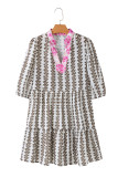 Black Contrast Floral V Neck Printed Bracelet Sleeve Dress