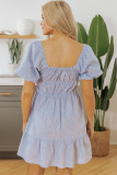Sky Blue Stripe Bubble Sleeve Square Neck Ruched Pocketed Babydoll Dress