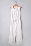Light Grey Solid Color Crew Neck Drawstring High Waist Sleeveless Jumpsuit