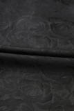 Black Floral Embossed Puff Sleeve Colorblock Bow Collared Mini Dress