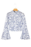 Sky Blue Floral Bell Sleeve Mock Neck Crop Mesh Top