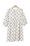 White Bowtie Pattern Textured Puff Half Sleeve Loose Mini Dress
