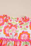 Rose Floral Ruffled Sleeve Ric-rac Trim Split Neck Loose Blouse