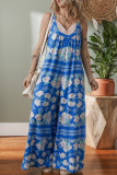 Blue Floral Print Wide Leg Sleeveless Jumpsuit