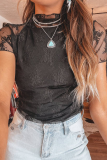 Black Floral Sheer Mesh Short Sleeve Mock Neck Blouse