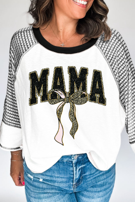 Black MAMA Leopard Bow Print Contrast Sleeves Loose Top