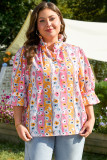 Pink Floral Ruffled Collar Bracelet Sleeve Plus Size Blouse Top