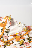 Russet Orange Ruffled V Neck Scalloped Short Sleeve Floral Blouse