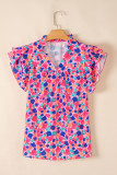 Rose Red Abstract Print Ruffled Sleeve V Neck Blouse
