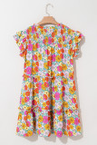 Sky Blue Floral Print Smocked Notch V Neck Flutter Sleeve Mini Dress