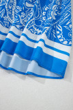 Blue Paisley V Neck Crisscross Backless Maxi Dress
