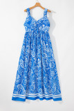 Blue Paisley V Neck Crisscross Backless Maxi Dress