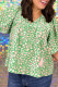Green Plus Size Floral Tassel Tie Split Neck Puff Sleeve Blouse