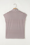 Chestnut Striped Stand V Neck Short Sleeve Blouse