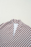 Chestnut Striped Stand V Neck Short Sleeve Blouse