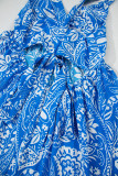Blue Paisley V Neck Crisscross Backless Maxi Dress