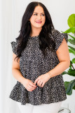Black Leopard Print Ruffled Short Sleeve Keyhole Back Tiered Flowy Plus Size Blouse