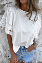 White Hollow Out Embroidered Short Sleeve O Neck Top