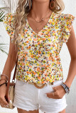 Green Floral Print Ruffled Sleeveless V Neck Tank Top