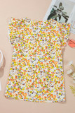 Green Floral Print Ruffled Sleeveless V Neck Tank Top