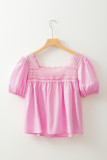 Light Pink Lace Square Neck Patchwork Puff Sleeve Blouse