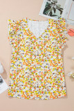 Green Floral Print Ruffled Sleeveless V Neck Tank Top