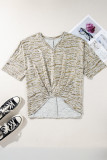 Gray Leopard Print Half Sleeve V Neck Loose Fit T Shirt