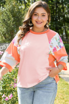 Orange Plus Size Floral Print Patchwork Raglan Half Sleeve Top