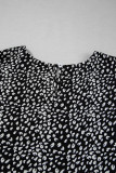 Black Leopard Print Ruffled Short Sleeve Keyhole Back Tiered Flowy Plus Size Blouse
