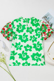 Green Contrast Embroidered Puff Short Sleeve Floral Blouse